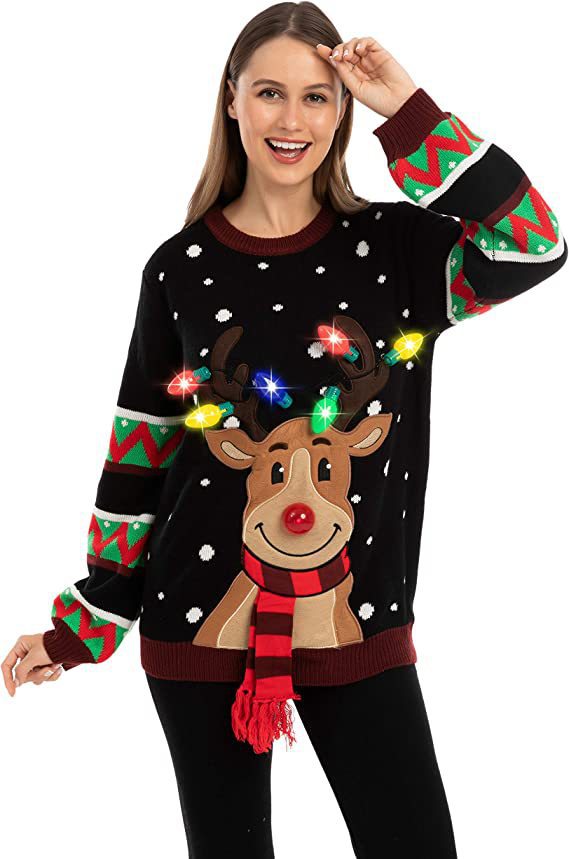 Women's Christmas sweater with reindeer appliqué, integrated light string, and three-dimensional nose pom-pom Mune Fashion