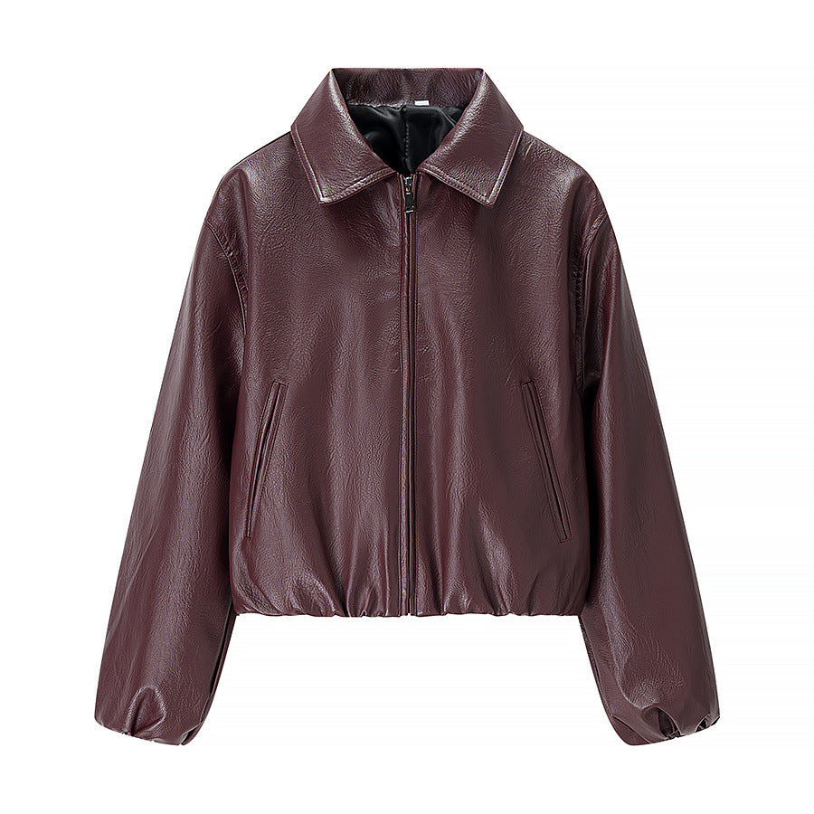 Women short cut leather imitation blouson with zipper and elastic hem Mune Fashion
