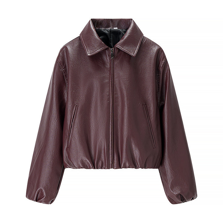 Women short cut leather imitation blouson with zipper and elastic hem Mune Fashion