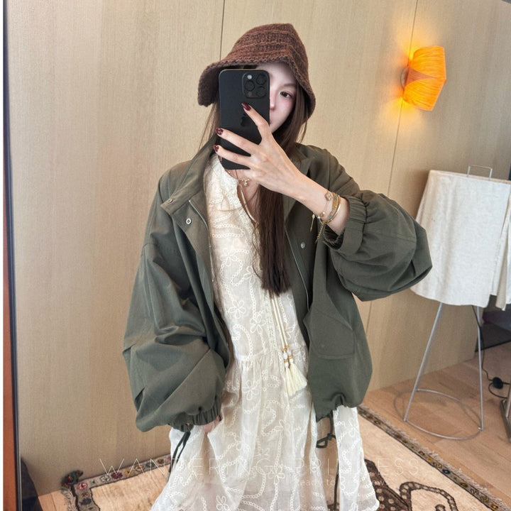 Women Oversize Utility Jacket with Balloon Sleeves and Drawstring Mune Fashion