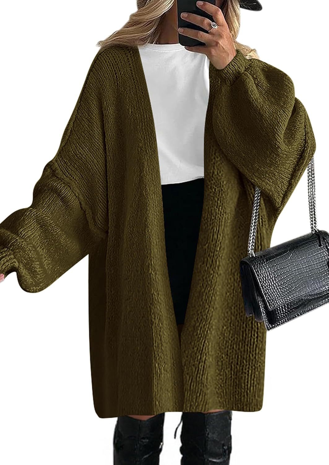 Women's Oversized Knit Cardigan with Wide Balloon Sleeves and Open Front Mune Fashion
