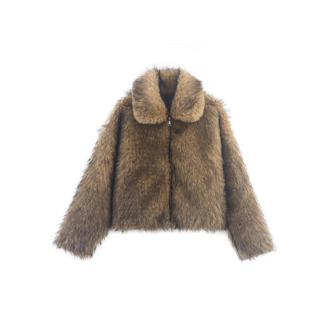 Women Short Faux Fur Bomber Jacket with Voluminous Fur Collar and Zipper Mune Fashion
