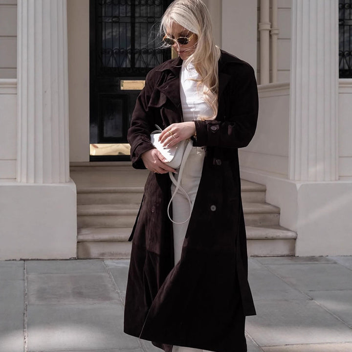 Women's Long Velvet Trench Coat with Tie Belt and Lapel Collar Mune Fashion