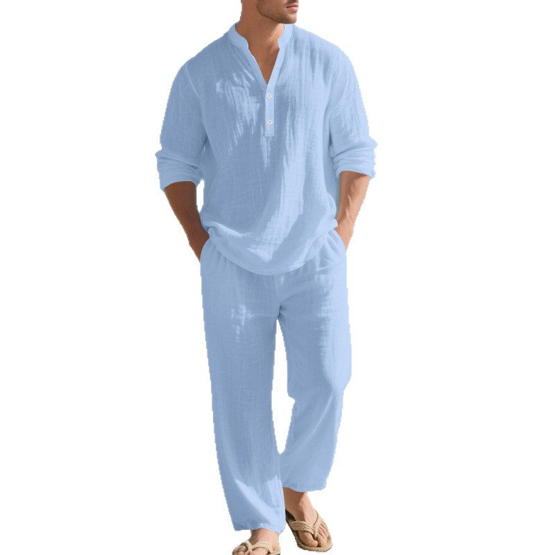 Men's nan casual Henley set in lightweight linen look with stand-up collar and elastic drawstring pants Mune Fashion