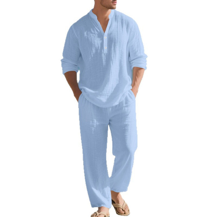 Men's nan casual Henley set in lightweight linen look with stand-up collar and elastic drawstring pants Mune Fashion