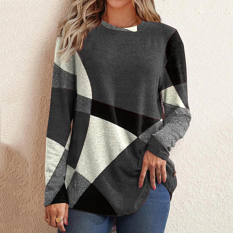 Women's long sleeve shirt with graphic print, round neckline and curved hem Mune Fashion