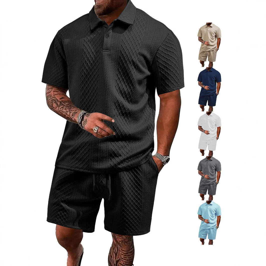 Men's embossed waffle polo with Kent collar and elastic drawstring shorts set Mune Fashion
