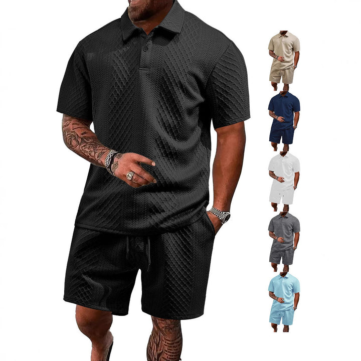 Men's embossed waffle polo with Kent collar and elastic drawstring shorts set Mune Fashion
