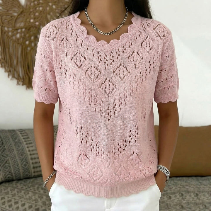 Women's short-sleeved lace knit sweater with openwork pattern and curved neckline Mune Fashion
