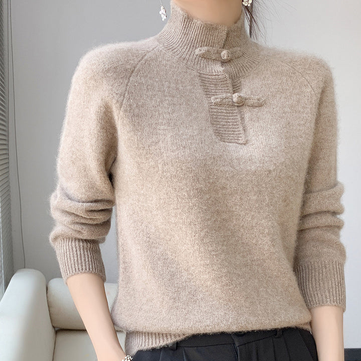 Women Cashmere-Look Mockneck Pullover with decorative KnMune Fashion button placket Mune Fashion