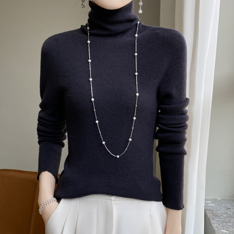 Women Slim Turtleneck Fine Knit Sweater with Elastic Rib Structure and Minimalist Silhouette Mune Fashion