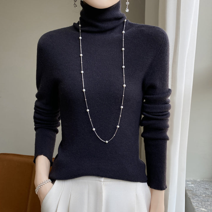 Women Slim Turtleneck Fine Knit Sweater with Elastic Rib Structure and Minimalist Silhouette Mune Fashion