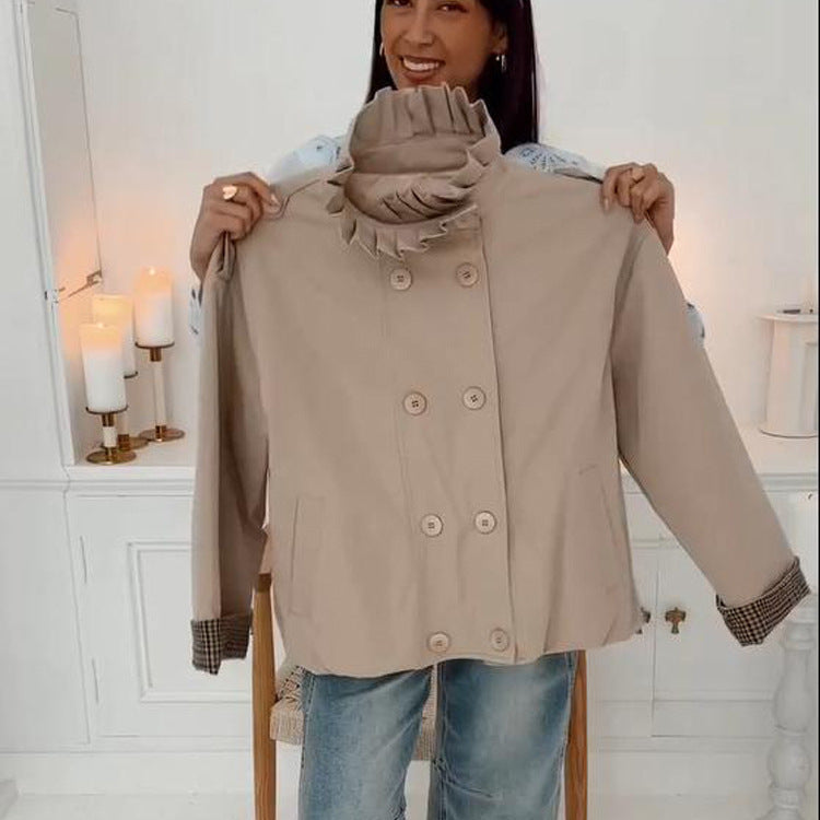 Women's Short Cut Boxy Utility Jacket with Pleated Collar and Check Inner Cuffs Mune Fashion