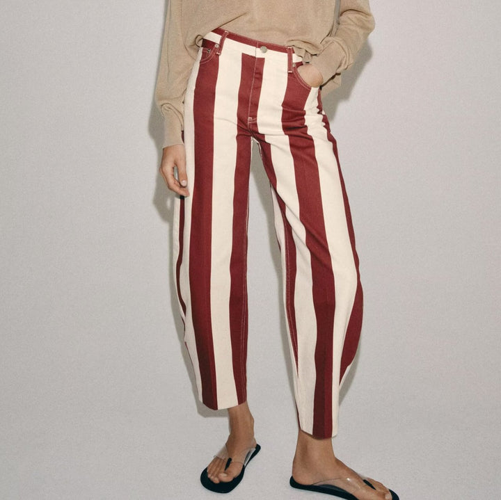 Ladies wide trousers with high waist, wide leg and striking stripe pattern Mune Fashion
