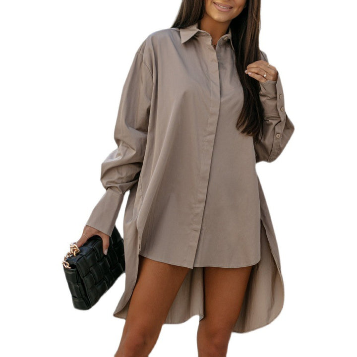 Women's oversized shirt dress with balloon sleeves, concealed button placket, and high side slits Mune Fashion