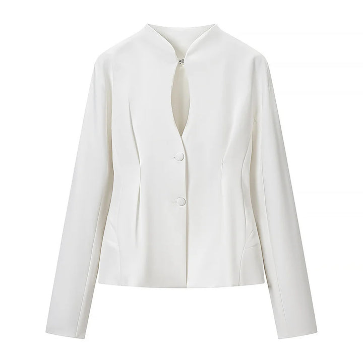 Women nan tailored short blazer with stand-up collar, cut-out front and concealed decorative seams Mune Fashion