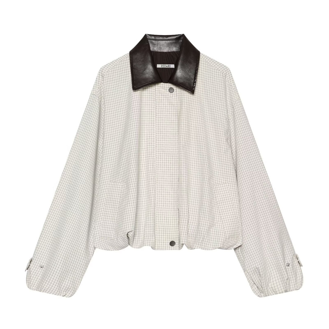 Women's Cropped Blouson Jacket in Boxy Cut with Fine Check Pattern and Contrast Faux Leather Collar Mune Fashion