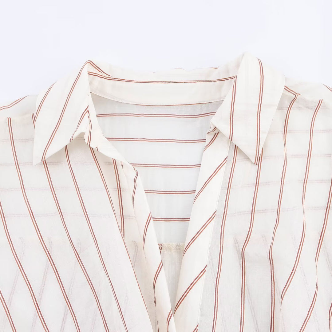 Women's Striped Blouse with Knot Front and Shirt Collar Drune