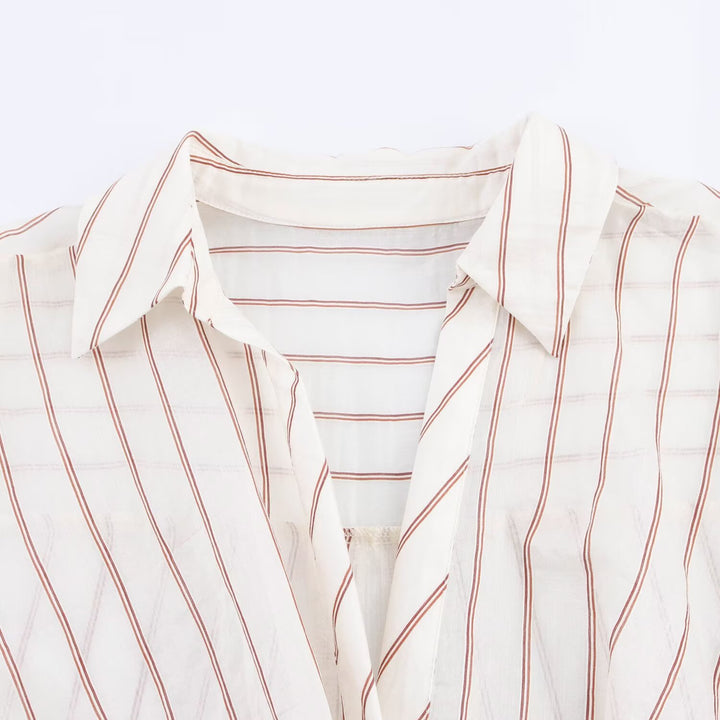 Women's Striped Blouse with Knot Front and Shirt Collar Drune