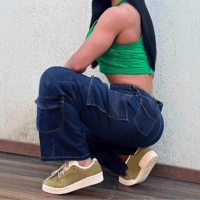 Women’s Utility Cargo Denim Pants with Low Rise, Panel Seams and Functional Pockets Mune Fashion