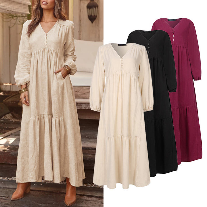Women's airy maxi dress with V-neck, long sleeves, and inseam pockets Mune Fashion