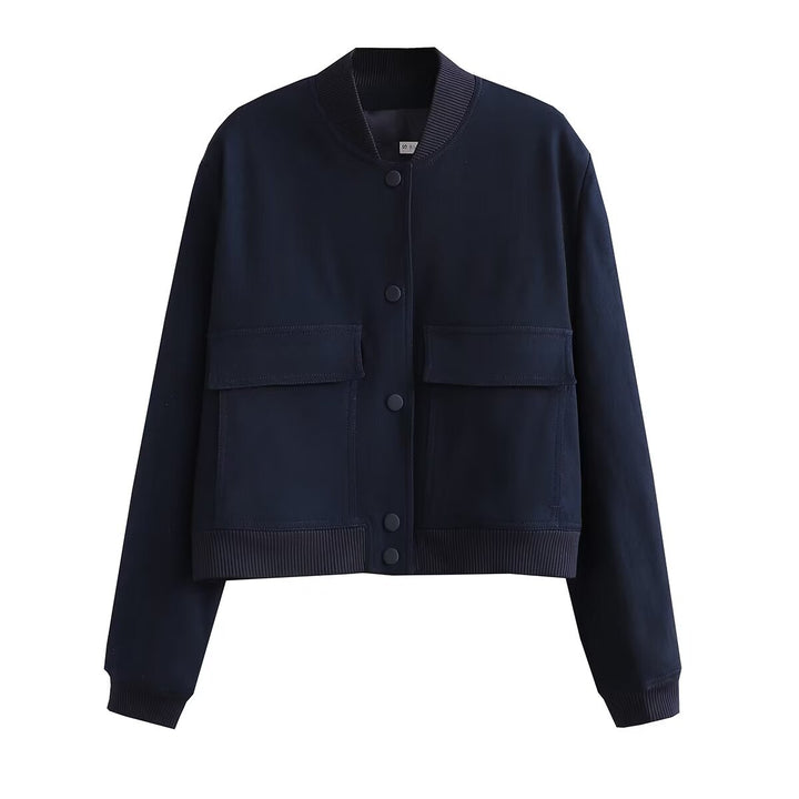 Women’s short cut bomber jacket in boxy fit with large flap pockets and ribbed hem Mune Fashion