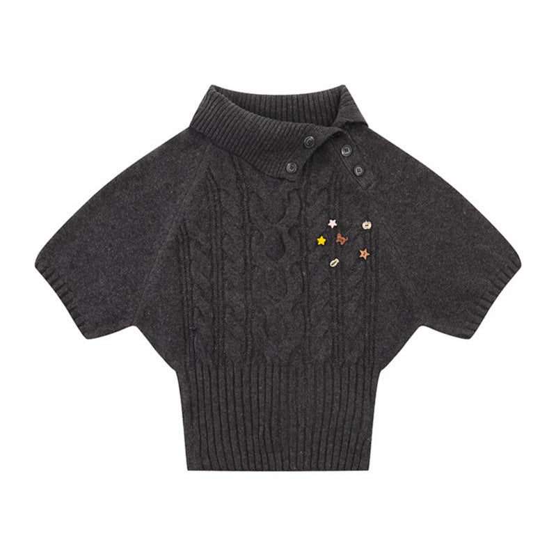 Women's Short-Sleeved Cable Knit Sweater Top with Stand Collar and Button Placket Mune Fashion