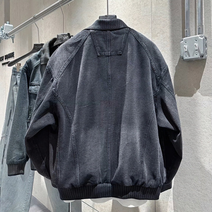 Men's Loose-Fitting Denim Jacket with Ribbed Contrast Collar and Vintage Wash Mune Fashion