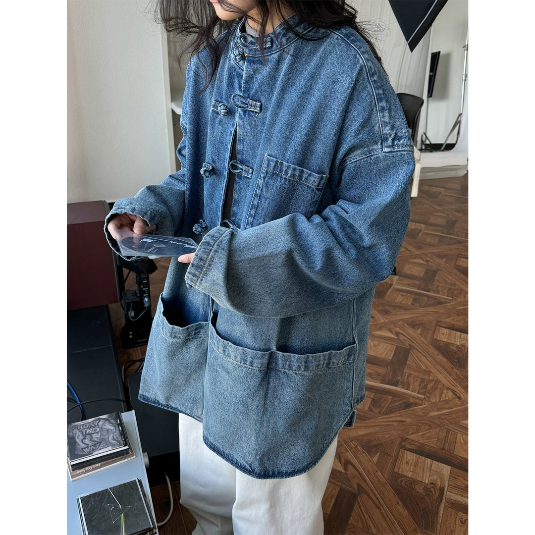 Women’s Oversized Utility-Style Denim Jacket with Mandarin Collar and Toggle Fastenings Mune Fashion