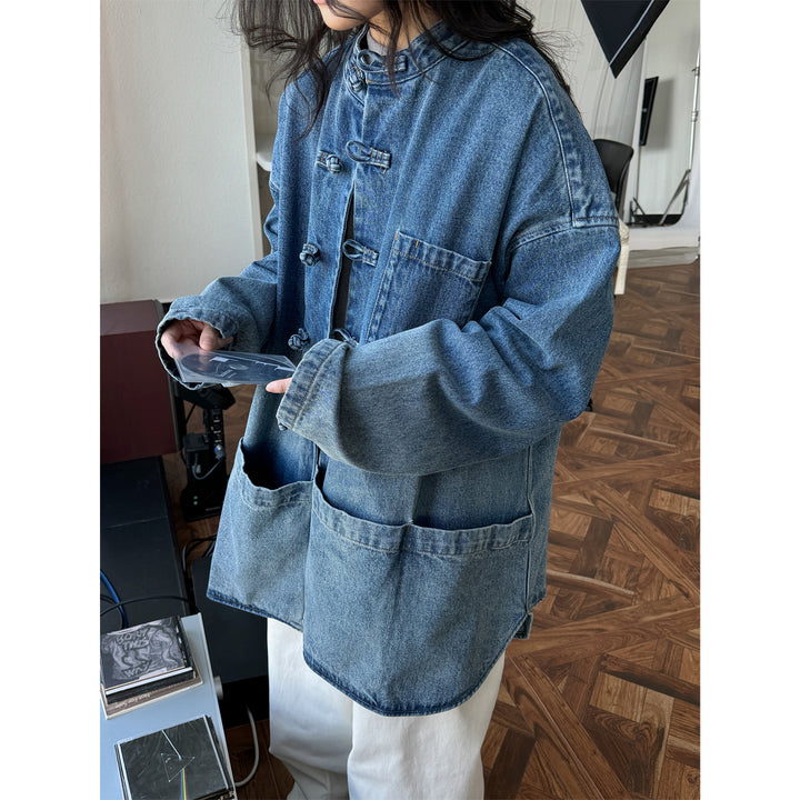 Women’s Oversized Utility-Style Denim Jacket with Mandarin Collar and Toggle Fastenings Mune Fashion