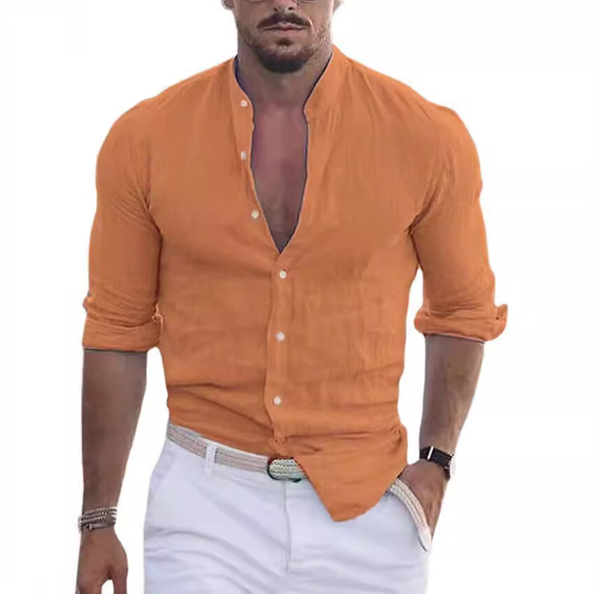 Men's Casual Linen Shirt with Modern Stand-Up Collar and Roll-Up Sleeves Mune Fashion
