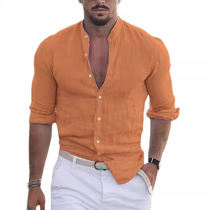 Men's Casual Linen Shirt with Modern Stand-Up Collar and Roll-Up Sleeves Mune Fashion
