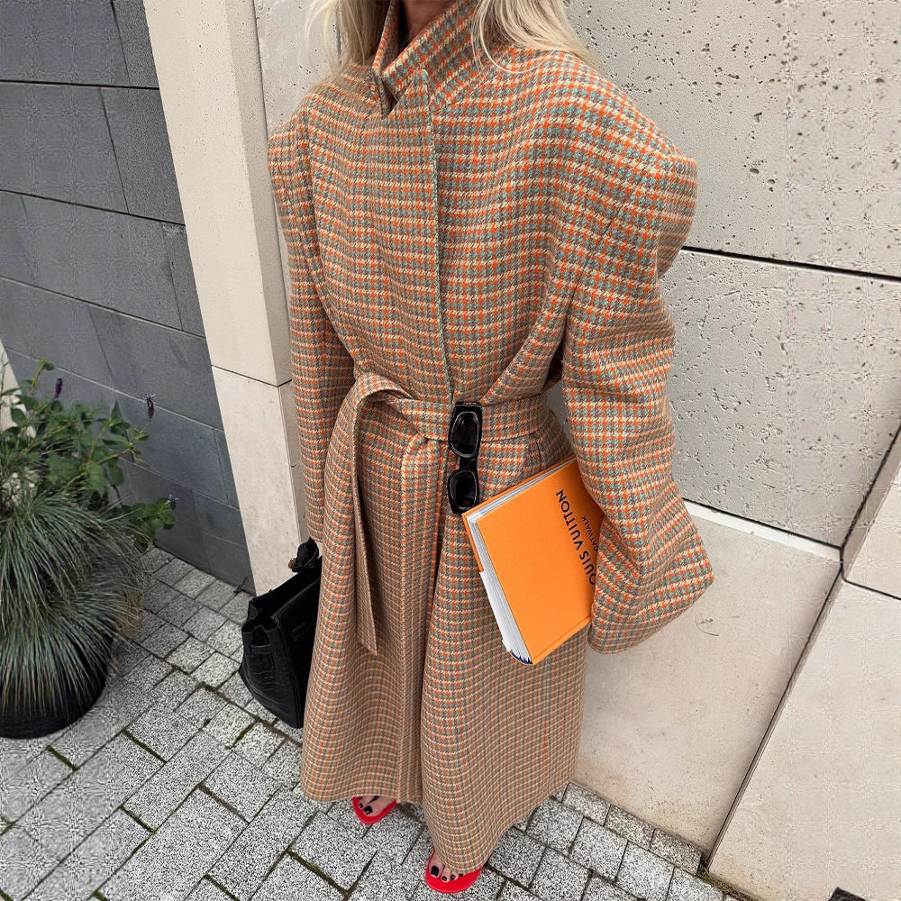 Ladies Oversize Wool Coat with Houndstooth Pattern and Waist Belt Mune Fashion