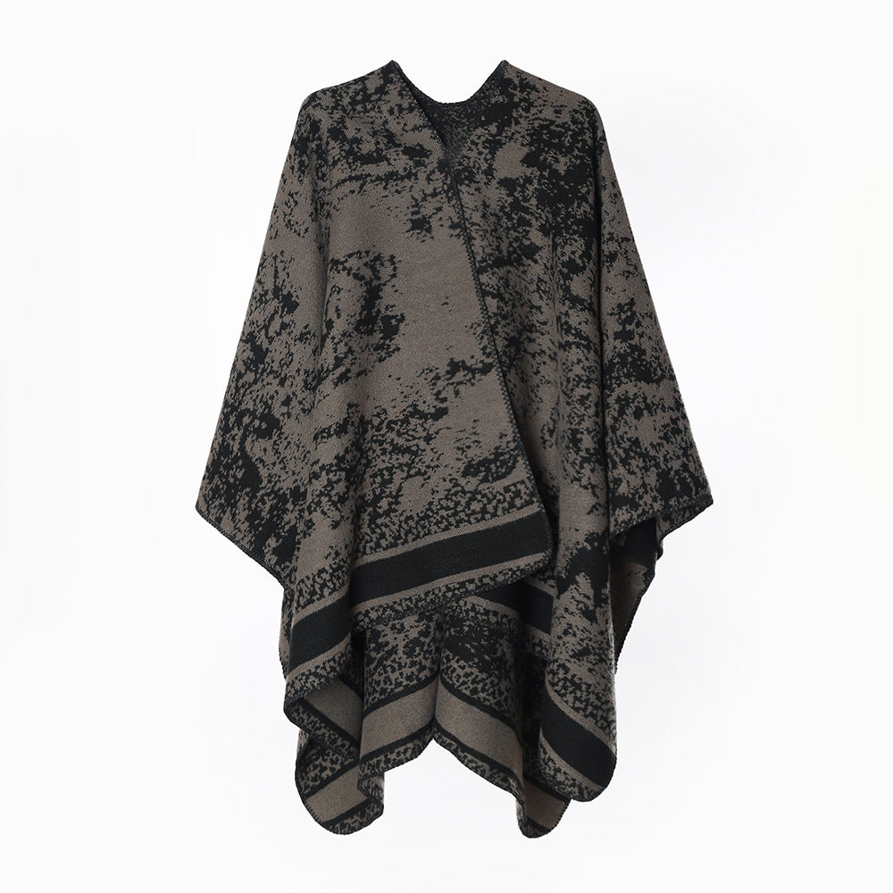 Women's jacquard wrap poncho with open front, boxy silhouette, and finely hemmed edge Mune Fashion