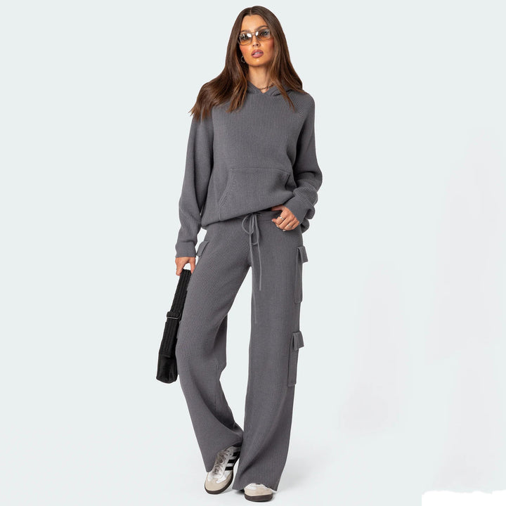 Women's ribbed hoodie with kangaroo pocket and light waffle texture Mune Fashion