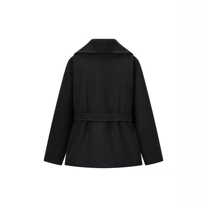 Women's Short Wrap Coat with Oversized Shawl Collar and Tie Belt Mune Fashion