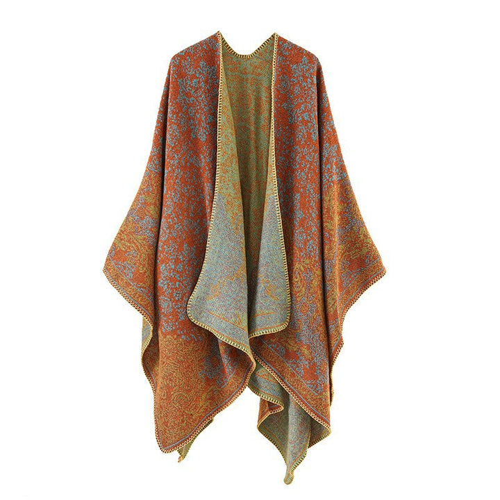 Women's Jacquard Ruana with floral border and open oversized cut Mune Fashion