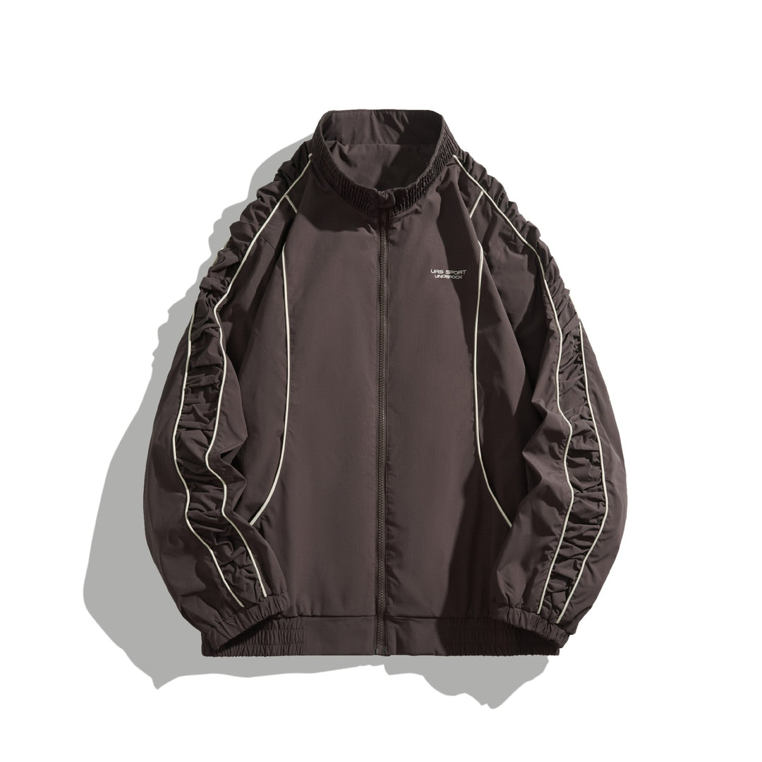 Women's Lightweight Bomber Jacket with Gathered Sleeves and Contrast Piping Mune Fashion