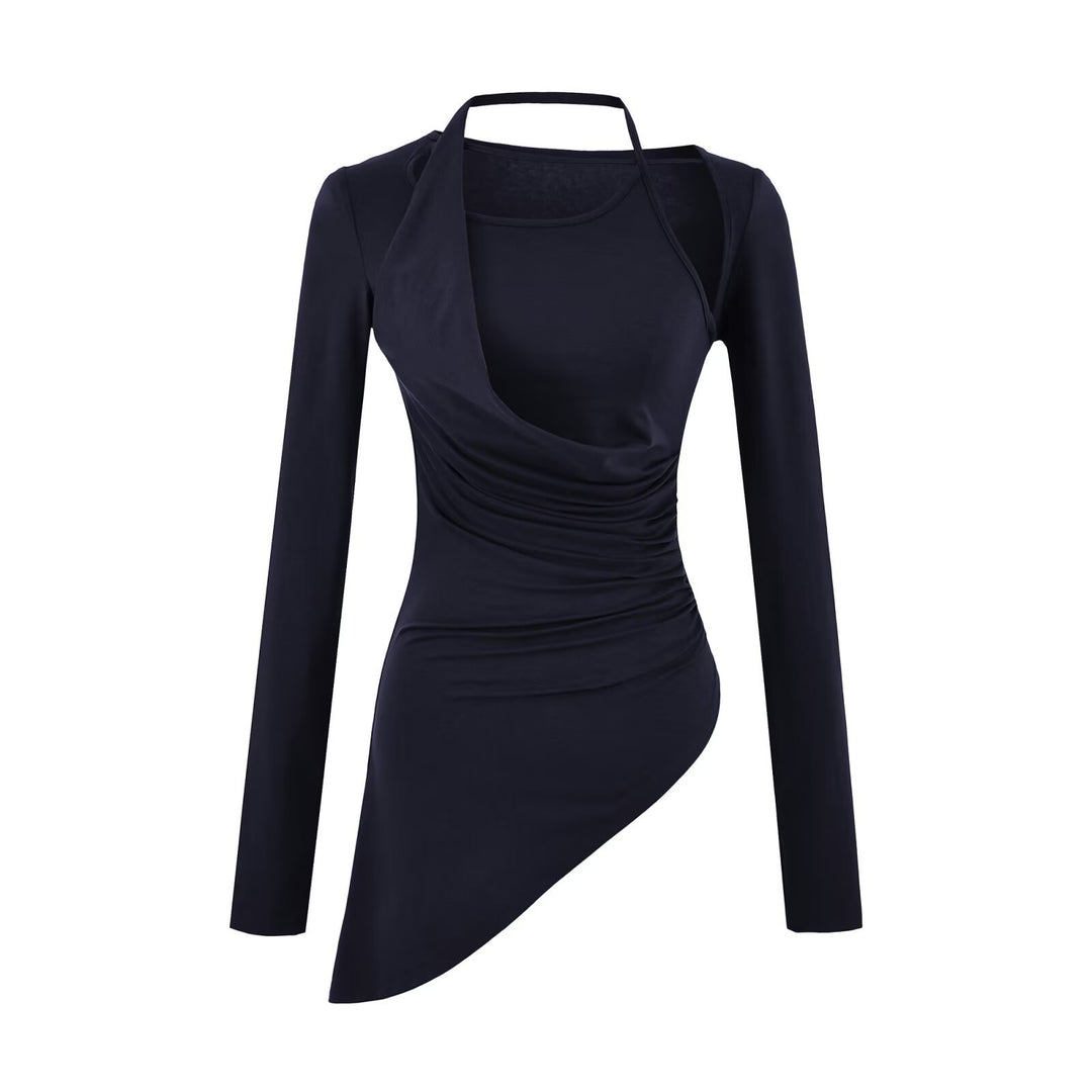 Women Fitted Long Sleeve Midi Dress with Asymmetrical Hem, Gathering and Halter Neck