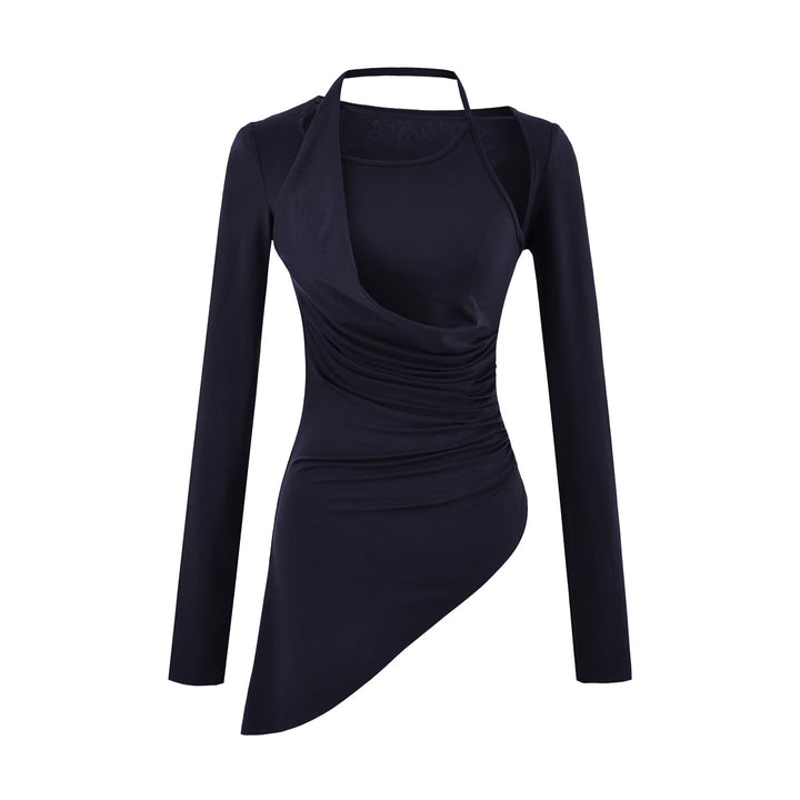 Women Fitted Long Sleeve Midi Dress with Asymmetrical Hem, Gathering and Halter Neck