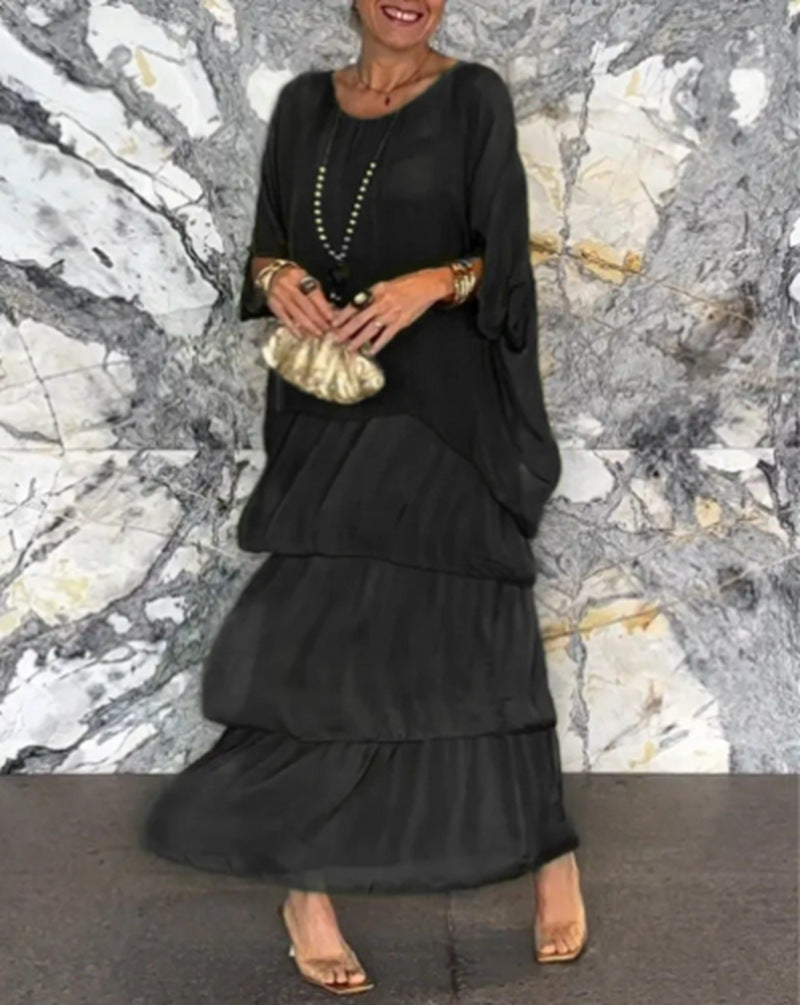 Women's ankle-length tiered dress with wide batwing sleeves and loose silhouette Mune Fashion