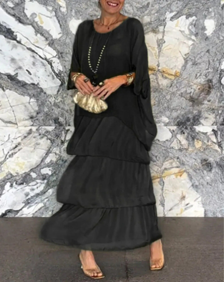 Women's ankle-length tiered dress with wide batwing sleeves and loose silhouette Mune Fashion