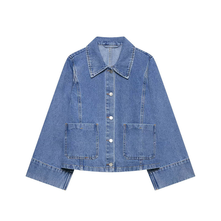 Women Oversized Denim Jacket with Shirt Collar and Large Patch Pockets Mune Fashion