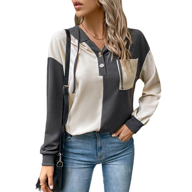 Women's Colorblock Hoodie with Waffle Texture, Button Placket and Chest Pocket Mune Fashion