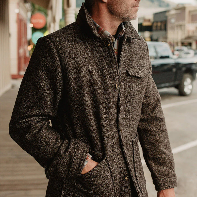 Men's Wool-Tweed Field Jacket with Stand-Up Collar and Applied Pockets Mune Fashion