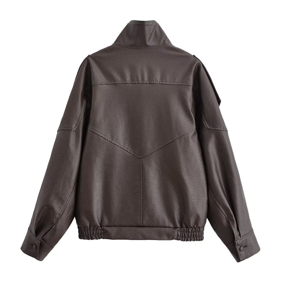 Women's Leather Look Bomber Jacket with High Stand-up Collar, Asymmetrical Snap Button Placket, and Elastic Hem Mune Fashion