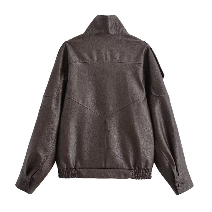 Women's Leather Look Bomber Jacket with High Stand-up Collar, Asymmetrical Snap Button Placket, and Elastic Hem Mune Fashion