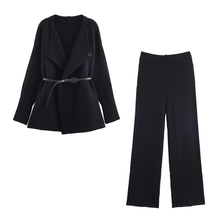 Women's Two-Piece Fine Knit Set with Shawl Collar Cardigan and High-Waist Wide Leg Pants Mune Fashion