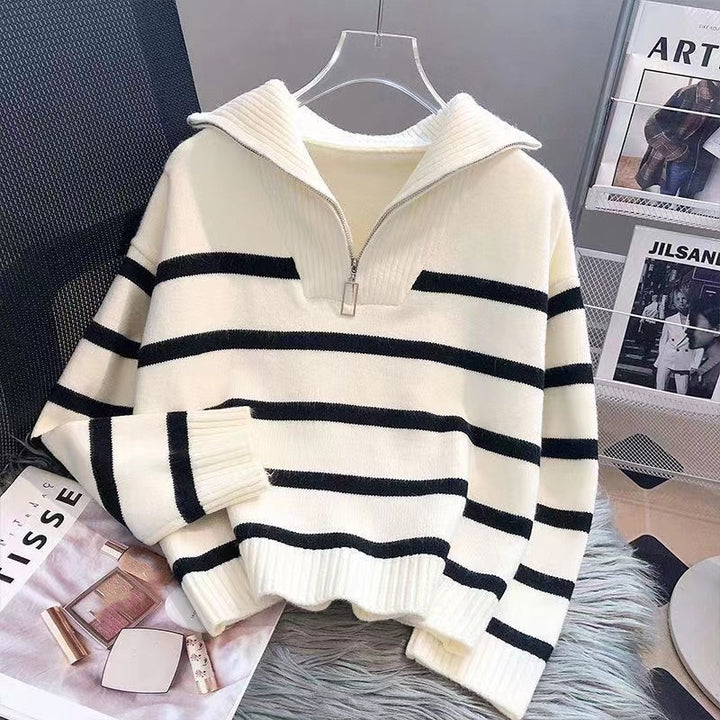 Women's Striped Half-Zip Knit Sweater with Ribbed Collar Mune Fashion