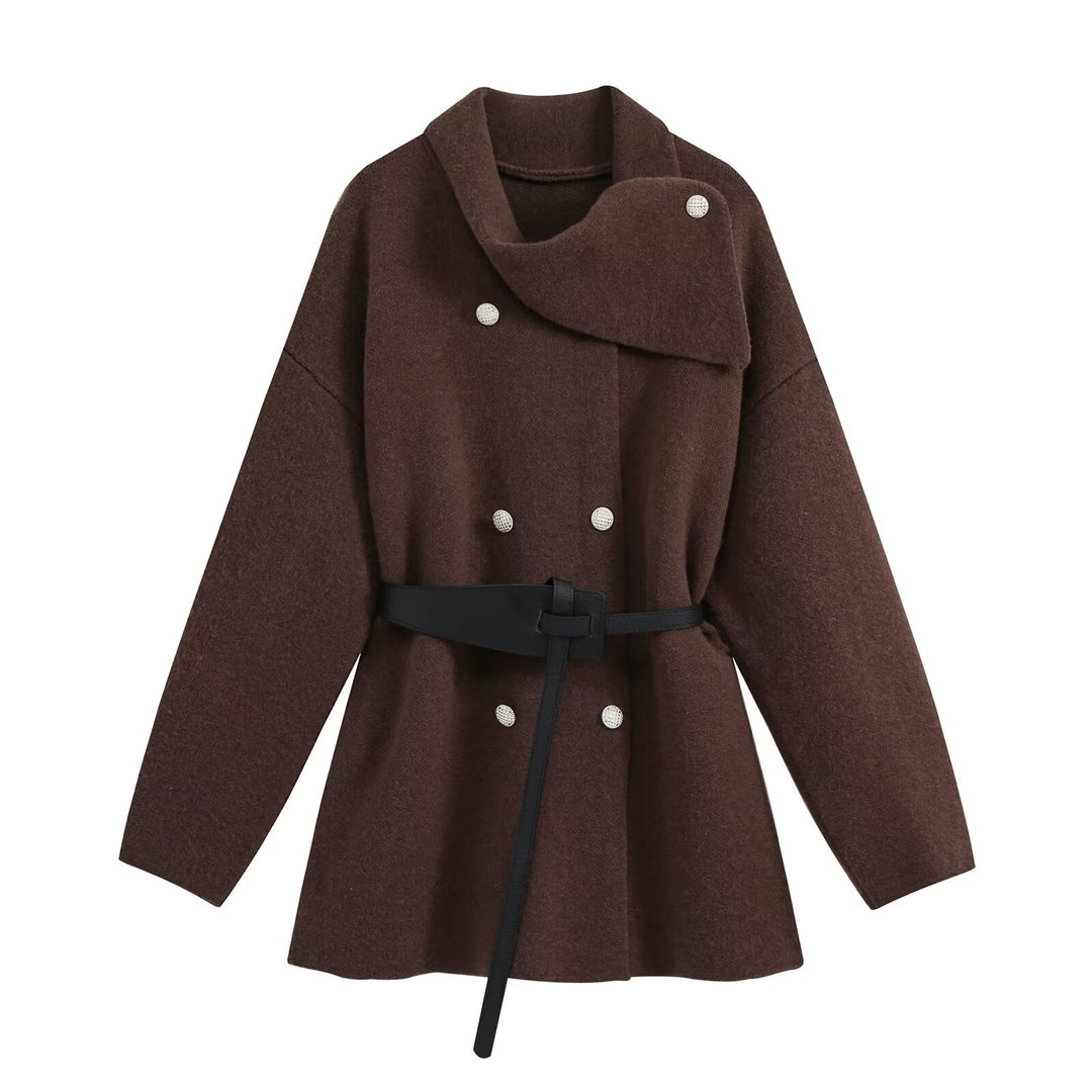 Women's short coat with asymmetrical shawl collar, double-breasted button placket and waist belt Drune